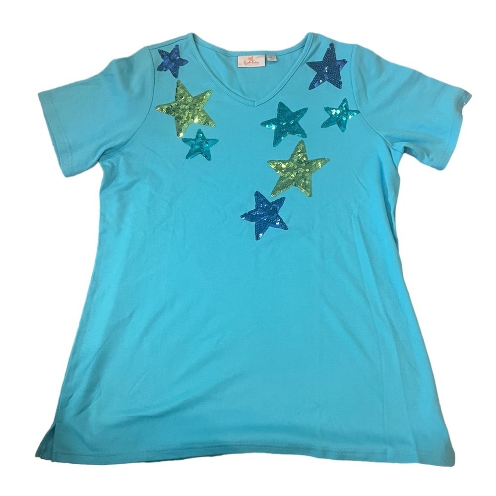 Quacker Factory Large Turquoise Short-sleeved T-shirt with Sequin Star Accents